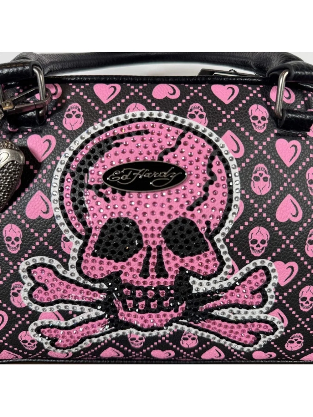 Ed Hardy Black and Pink Rhinestone Skull Satchel